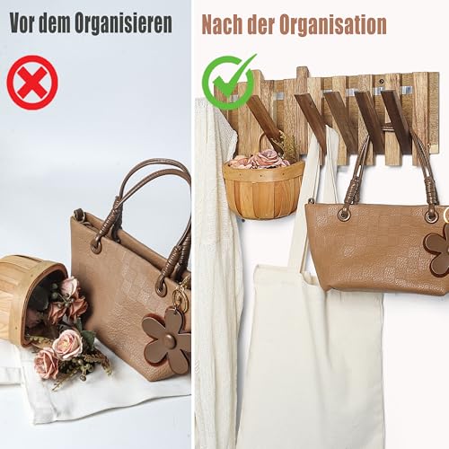 Garderobenleiste Holz im rustikalen Stil mit 8 Haken: Versetzter Stil magnetisch Herunterklappbare Wandhaken für Flur – 42,5 cm – platzsparende Wandgarderobe für Jacken, Mäntel, Taschen