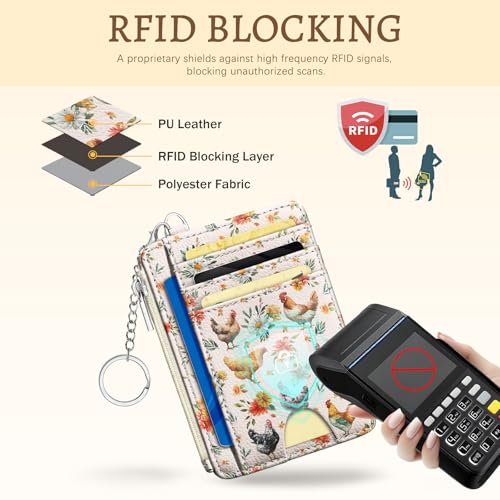 Image of Kelvoris Chicken Rooster Credit Card Holder Small Wallet Women, Flowers Slim RFID Blocking Wallet Woman Keychain with Zipper Coin Pocket, Front Pocket Thin Travel Card Case with ID Window Ladies Gifts