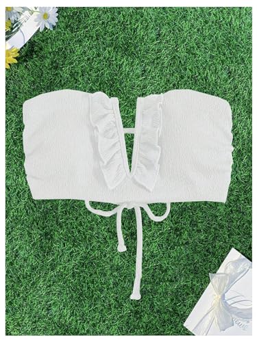 WDIRARA Women's Ruffle Notched Neck Lace Up Smocked Swim Tops Bandeau Bikini Top Strapless Solid Padded Bathing Suit Top3