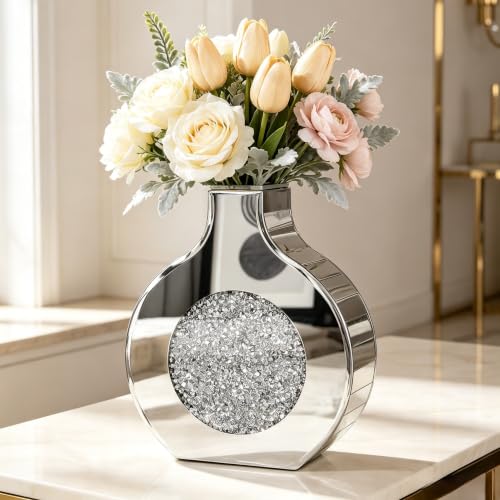 blingworld Silver Crushed Diamond Mirrored Flower Vase,9"H,Can't Hold Water