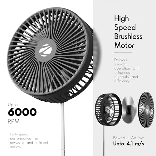 Image of Zebronics Heat Buster 500 Portable Tower Fan, 6000 RPM, Up to 8H Backup, 3 Speed+Breeze Mode, 5400mAh Battery, Telescopic & Foldable Design, Type-C Charging, Suitable for Car, Black