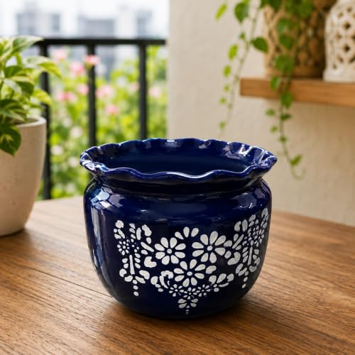 Image of Niyara Ceramic planters pots for Indoor Outdoor Home, Garden Office Decor Balcony Planters Gamla Flower Size Small 6 inches (Blue Jaipuri Print)