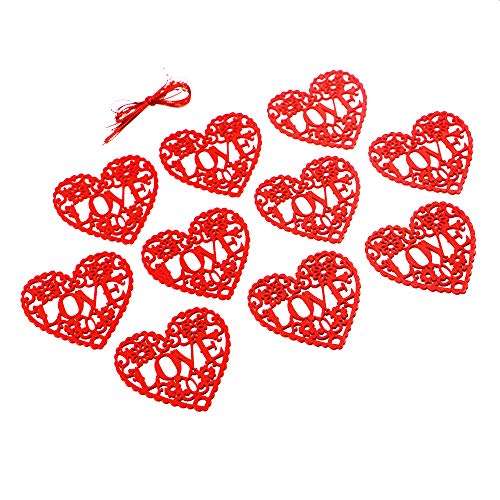 Baugger - 10Pcs De madeira Forma de coração de amor com corda Romântico Ornamentos de suspensão Deco