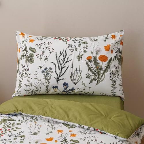 Image of CLOTHKNOW 4Pieces Green White Floral Toddler Bedding Sets for Girls's Room | Boho Comforter Sets, Green Yellow Leaves Pattern on White, Soft Crib Bed Set