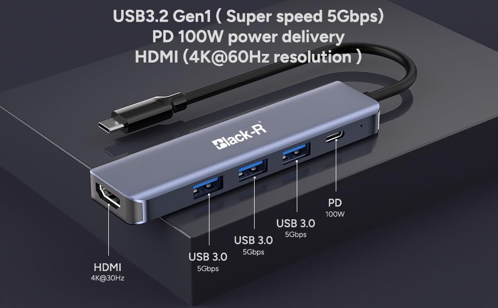 Image of Black-r USB C Hub Multiport Adapter 5-in-1 USB C Adapter Aluminum Shell with Rj45 LAN Ethernet and 4K HDMI Port, 100W PD, 2 USB 3.0 Ports Hub for MacBook Pro /Air M1 /M2 /M3, iPad Pro, Surface Pro, XPS