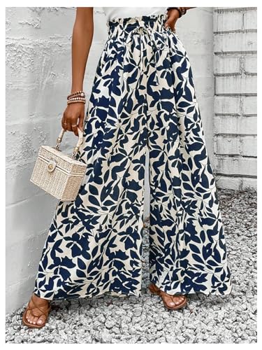 MakeMeChic Women's Floral Wide Leg Trousers Elastic High Waist Frill Trim Loose Long Palazzo Pants3