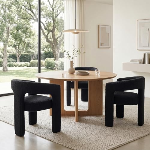 Image of HNY Modern Barrel Kitchen & Dining Room Chairs Set of 3, Sherpa Upholstered Accent Chairs with Arm, 18.5'' Wide Side Armchairs Vanity Chairs for Living Room Bedroom Makeup Small Spaces, Black