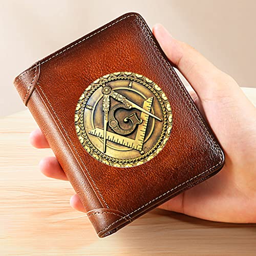 Men's Genuine Leather Trifold Wallets, Unique Vintage High Capacity Freemasons Symbol Business Short Purse, Privacy Protection Card Holder, with Masonic Souvenir Gift4