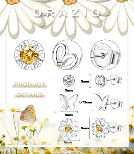 ORAZIO 3 Pair of 925 Sterling Silver Daisy Stud Earrings Hypoallergenic CZ Flower Butterfly Earring Stud Small Sunflower Earring Cute Fashion Ear Jewellery For Women Girls
