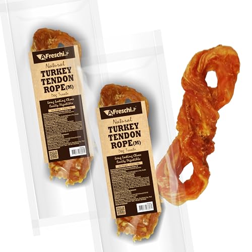 AFreschi Turkey Tendons for Dogs, USA-Sourced, Healthy Dog Treats, Rawhide-Free Puppy Chews, Long Lasting, All Natural, Hypoallergenic Dog Treats for Medium Breeds, 2 Count Pack Rope (M)