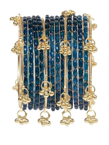 Image of JPS 16 Pcs Trendy Stylish Glass & Kashmiri Ghungroo Bangles Set for Women & Girls | Gold-Plated Traditional Festive Wedding Party Jewellery Chudi Set (12 Glass + 4 Metal)