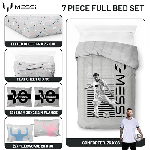 Image of Jay Franco Kids Comforter Set Includes Sheets and Pillow Cover - Soft and Cozy Bed Set for Stylish Room Decor, Grey - Messi, 7 Piece Full