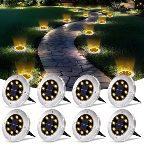 XUNIVERS Lumiere Solaire Au Sol Lot de 8,Lampe Solaire Exterieur Jardin 8 LED IP65 Lumiere Solaire,Étanche Spot Solaire Extérieur pour Chemins Allée Pelouse...