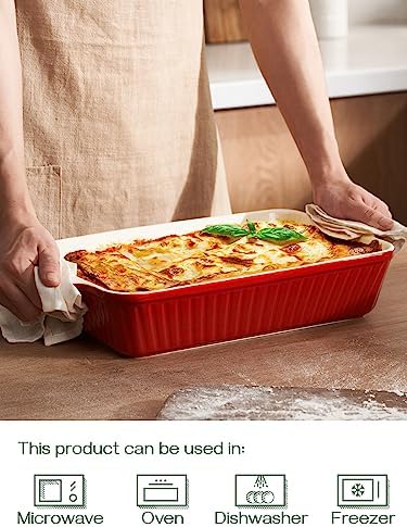 DOWAN 9x13-inch Deep Casserole Baking Dish for Lasagna, 135 oz Ceramic Pan with Handles, Oven Safe for Baking and Home Decor, Red - Thumbnail 3