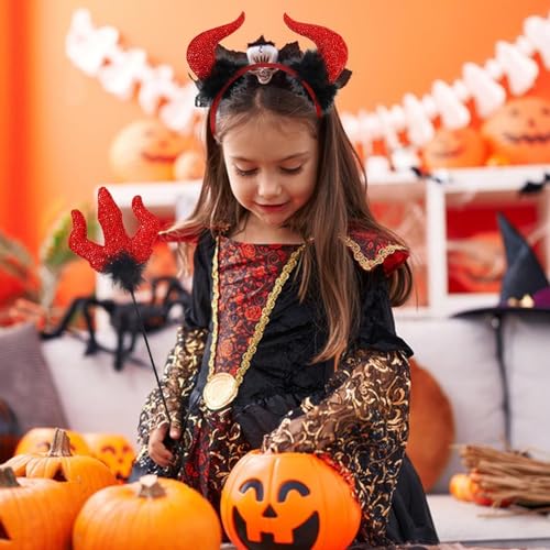 Chifres de diabo de Halloween | Kit de fantasia de tiara de diabo com glitter e bengala vermelha, ac