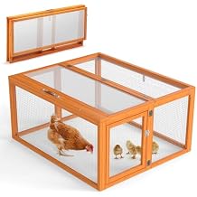 COZIWOW Chicken Coop Pen Portable Wooden Rabbit Hutch - Folding Indoor & Outdoor Chicken Cage Brooder with UV-Proof Panel, Top and Side Openable Doors, Includes 4X Garden Stakes, 43.3 Inch Orange