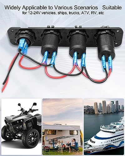 4 in 1 USB Socket Charger Panel, 78W QC 3.0 Dual USB Outlet & Dual 150W Cigarette Lighter Socket & LED Voltmeter & ON-Off Rocker Toggle Switch for Car Boat Marine Truck RV