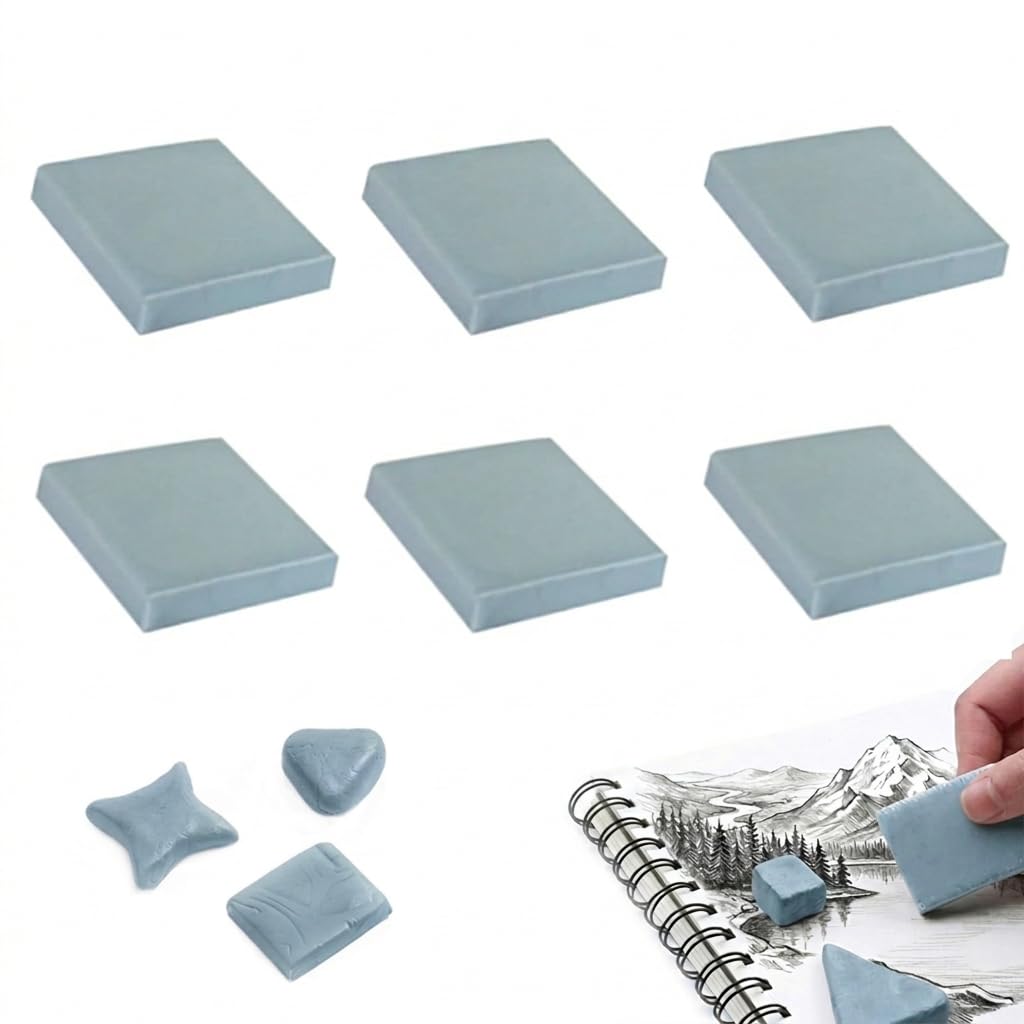 Kneaded Erasers 6 Pack with Storage Case, Grey Kneadable Eraser Putty Rubber for Artists, Soft Moldable Art Erasers for Drawing Sketching Charcoal Pastel Shading Blending Highlighting, Reusable Eraser