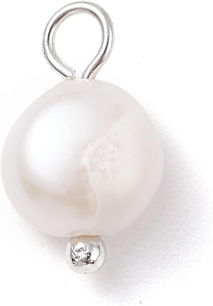 Crafans 100Pcs Cultured Freshwater Oval Pearl Charms with Platinum Brass Ball Head Pins White Natural Pearl Beads with Golden Loop for Jewelry Making