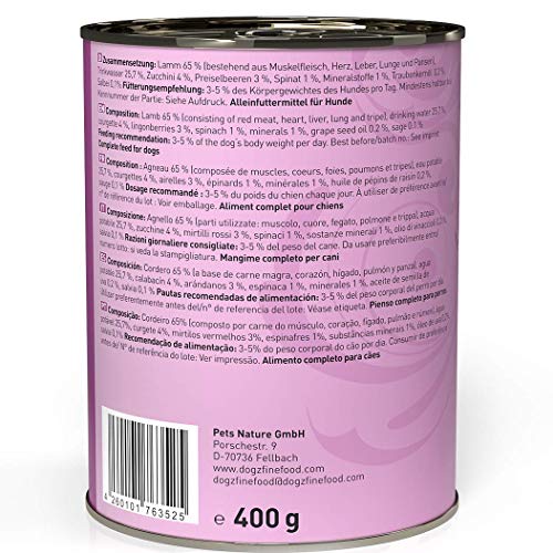 dogz finefood Hundefutter nass - N° 10 Lamm - Feinkost Nassfutter für Hunde & Welpen - getreidefrei & zuckerfrei - hoher Fleischanteil, 6 x 400 g Dose