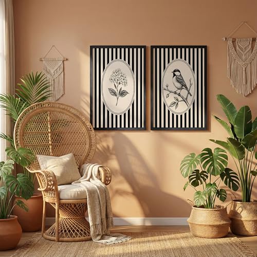 Image of NoWorries Vintage Botanical Bird & Floral Wall Art Prints Set of 2, Black and White Striped Gallery Wall Decor, Minimalist Farmhouse Bird Illustration, Framed Nature Artwork for Living Room Bedroom Office (Art-2, 10x13inch)