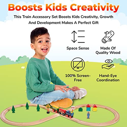 wooden train set 35 piece all in one wooden toy train tracks set with magnetic trains and railway accessories comes in a clear container compatible with all major brands