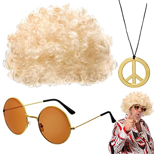 アフロウィッグサングラス、ヒッピーサングラスとネックレスメンズ|50/60/70年代テーマ用品デコレーション 男性とティーン向け