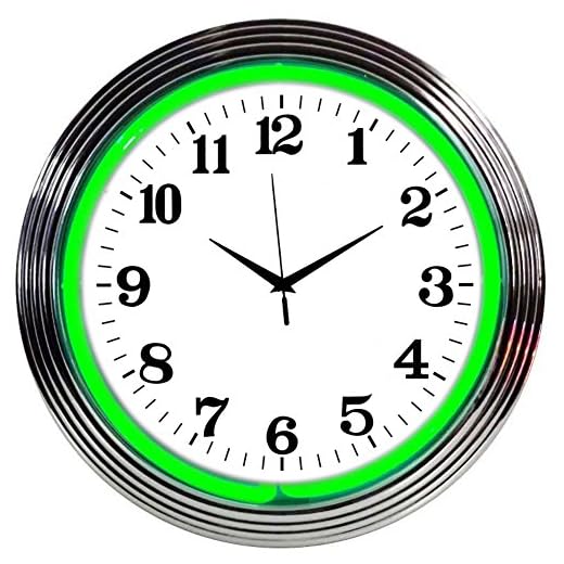 Neonetics Bar and Game Room Neon Alphanumeric Wall Clock with Green Neon and Chrome Rim, 15-Inch