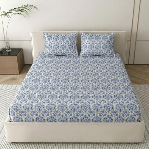 Image of Mafatlal 186 TC Grace Cotton Bedsheet for Double Bed | Pure Cotton Fabric | 90 x 100 Inches | Soft, Durable & Comfortable | Includes 2 Pillow Covers | Baja Blue