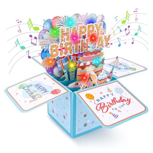 Mexgcom Biglietto di Auguri 3D, Scatola Tridimensionale 3D con Luci Flash Colorate Auguri di Compleanno, Biglietti di Compleanno con Musicale e Luce, Regali Adatti ad Amici, Parenti, Amanti (Blu)