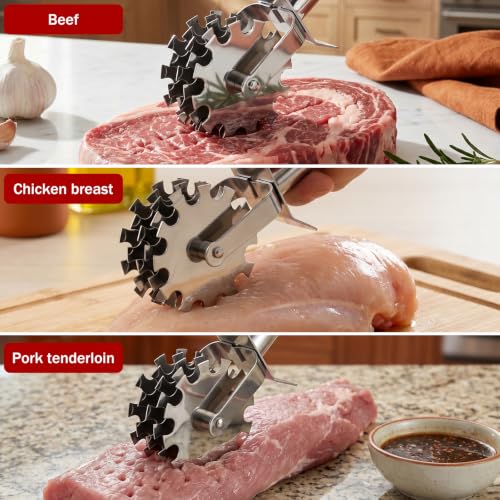 Image of Meat Tenderizer Tool Stainless Steel Rolling Meat Tenderizer Tool for Steak Chicken Pork Beef, Professional Roller Hammer Pounder with Blades for Marinating & Tenderizing