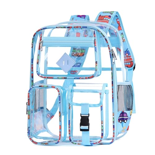 Large capacity transparent backpack for boys and girls with reinforced fabric and PVC shoulder straps (Blue Car)