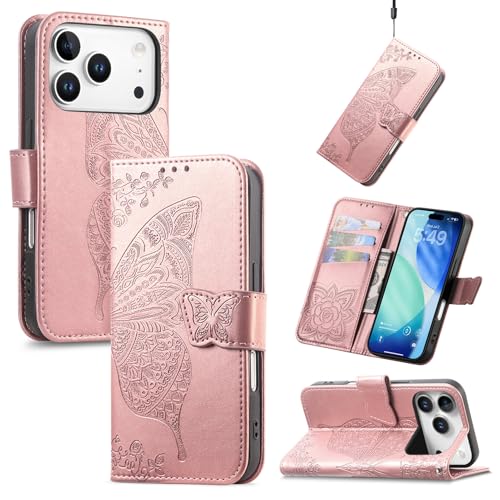 iPhone 17 Pro Max 用の ケース 手帳型 アイフォン17プロマックス 用の 携帯 背面 スマホカバー 財布型 蝶柄 衝撃吸収 360度保護 女性向け PUレザー マグネット スタンド機能付き カード収納 軽量 純色 バタフライ エンボス加工