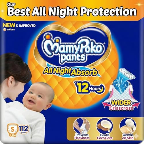 Image of Mamypoko pants All night absorb| Pant Style Baby Diapers Small Size(S), 112 Count, Ideal for upto 5Kgs|1 Diaper= Upto All night Absorption|Wider Crisscross Sheet|Gentle Coco Care| 12hr Leakage Protection| Prevents Heaviness (Pack of 2)