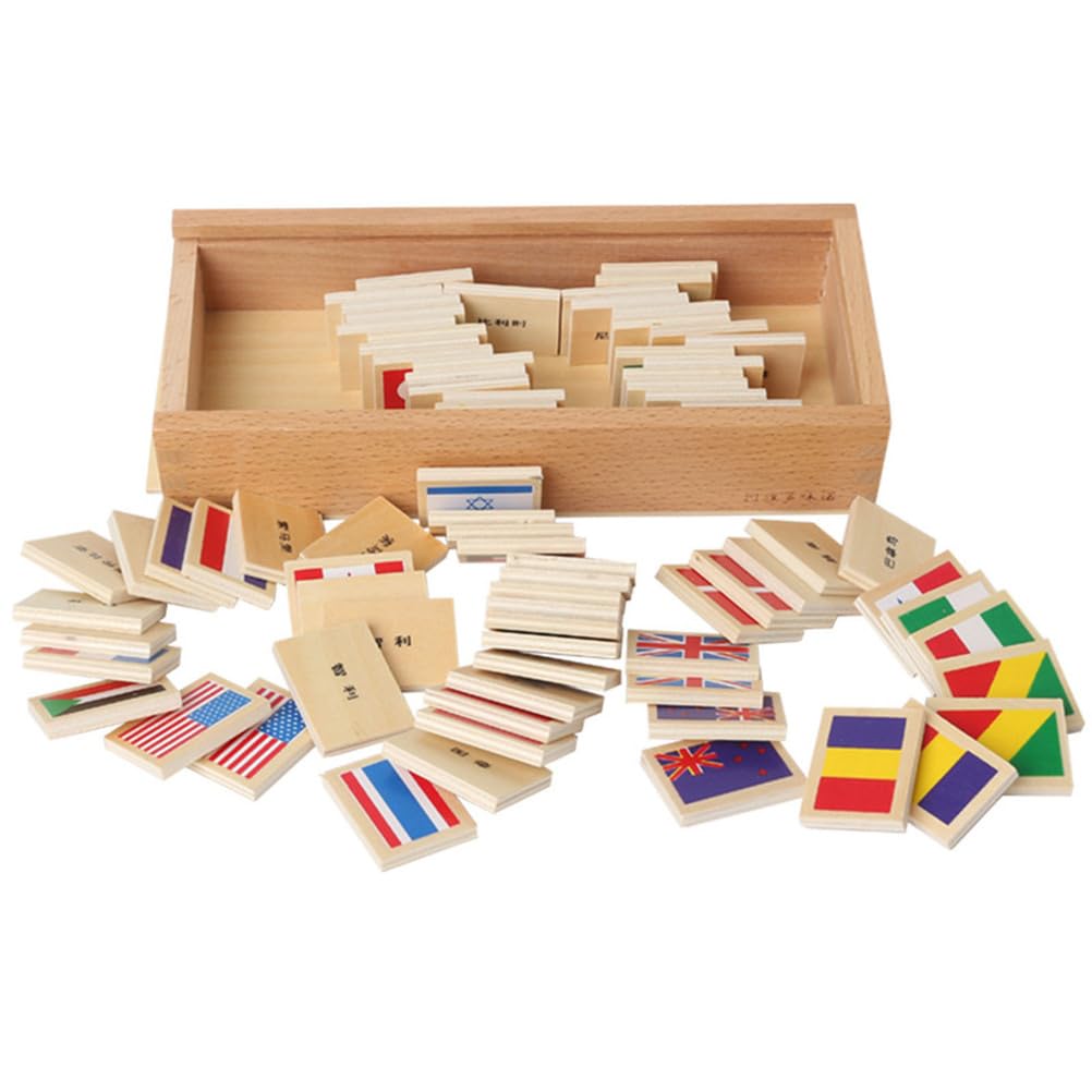 Dominos des Drapeaux Montessori, Jouet en Bois pour la Reconnaissance des Drapeaux du Monde et Jeu d'apprentissage sensoriel