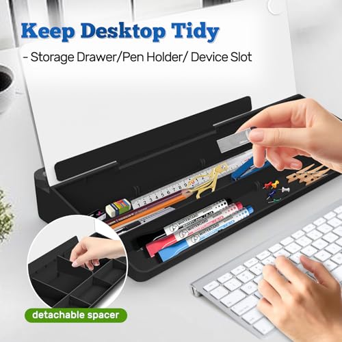 Sliandtelly Schreibtisch Whiteboard mit Stauraum, Trockenwisch Glas Whiteboard inklusive 3 Markern, Organizer für Notizen und Bürobedarf, Wiederverwendbare Schreibtischtafel für Büro und Homeoffice