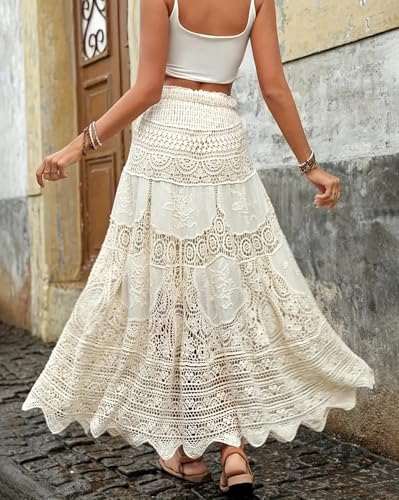 Women's Retro Knitted Skirt Elastic High Waist Loose Casual Flowing Skirt Hollow Floral Drape A-Line Skirts3