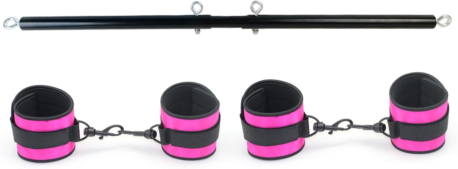 3 in 1 Heavy Duty Stainless Steel Expandable Black Spreader Bar with 4pcs PU Pink Adjustable Straps,Workout Bar for Home Gym Training Bar,Portable Detachable Pilates Kit