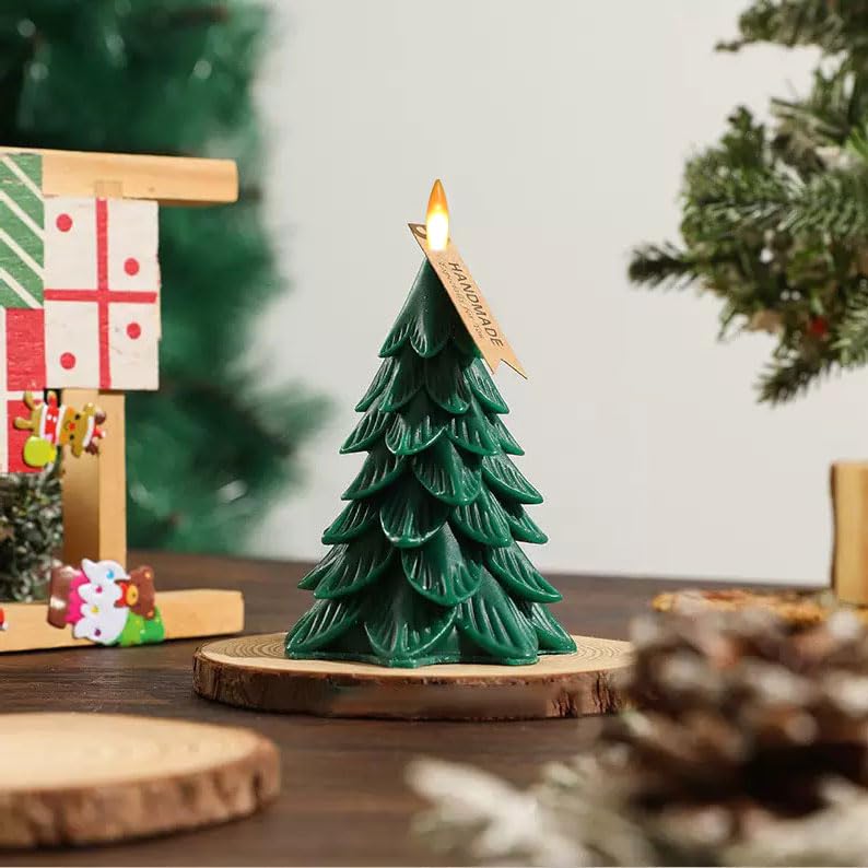 Image of Christmas Tree Flameless Candles with Remote Timer, Battery Operated 3D Wick LED Flickering 4'' x 5.5'' Candles Real Wax Green for Holiday Decor