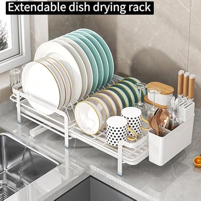 Dish Drying Rack, Dish Racks for Kitchen Counter, Over The Sink Dish Drying Rack, Expandable Dish Drainers with Drain Board Cup Holder and Utensil Holder, Kitchen Organizers and Storage