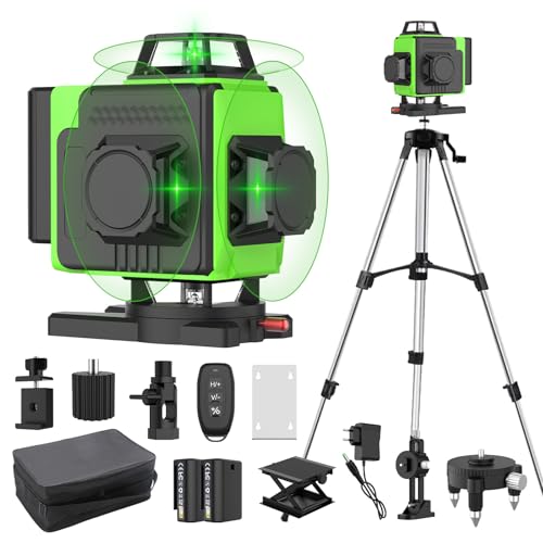 Niveau Laser Autonivelant 360° X 4, Lazer Niveaux Chantier 4d 16 Lignes Laser, Mode Impulsion ExtéRieur, 2 X Batterie,Nivellement Automatique, Support Rotatif, TéLéCommande (Vert avec trépied)