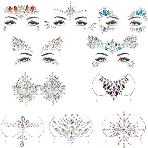 Mermaid Face Gems Glitter, 10 sets Rhinestone Rave Festival Face Jewels, Breast Body Jewels Stickers Crystal Nipple Tattoo Stickers with 4 Boxes Chunky Face Glitter Extra