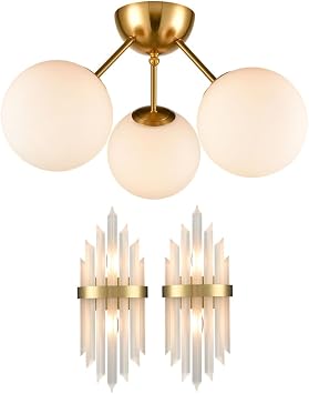 HOLKIRT Modern Brass Sputnik Ceiling Light with Oapl Glass and Crystal Wall Sconce Bundle