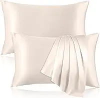 Pacote com 2 fronhas 100% seda pura para cabelo e pele, ambos os lados fronhas de seda amoreira com zíper oculto, fronha refrescante 19 Momme, fronhas de seda 600 fios, tamanho padrão, bege