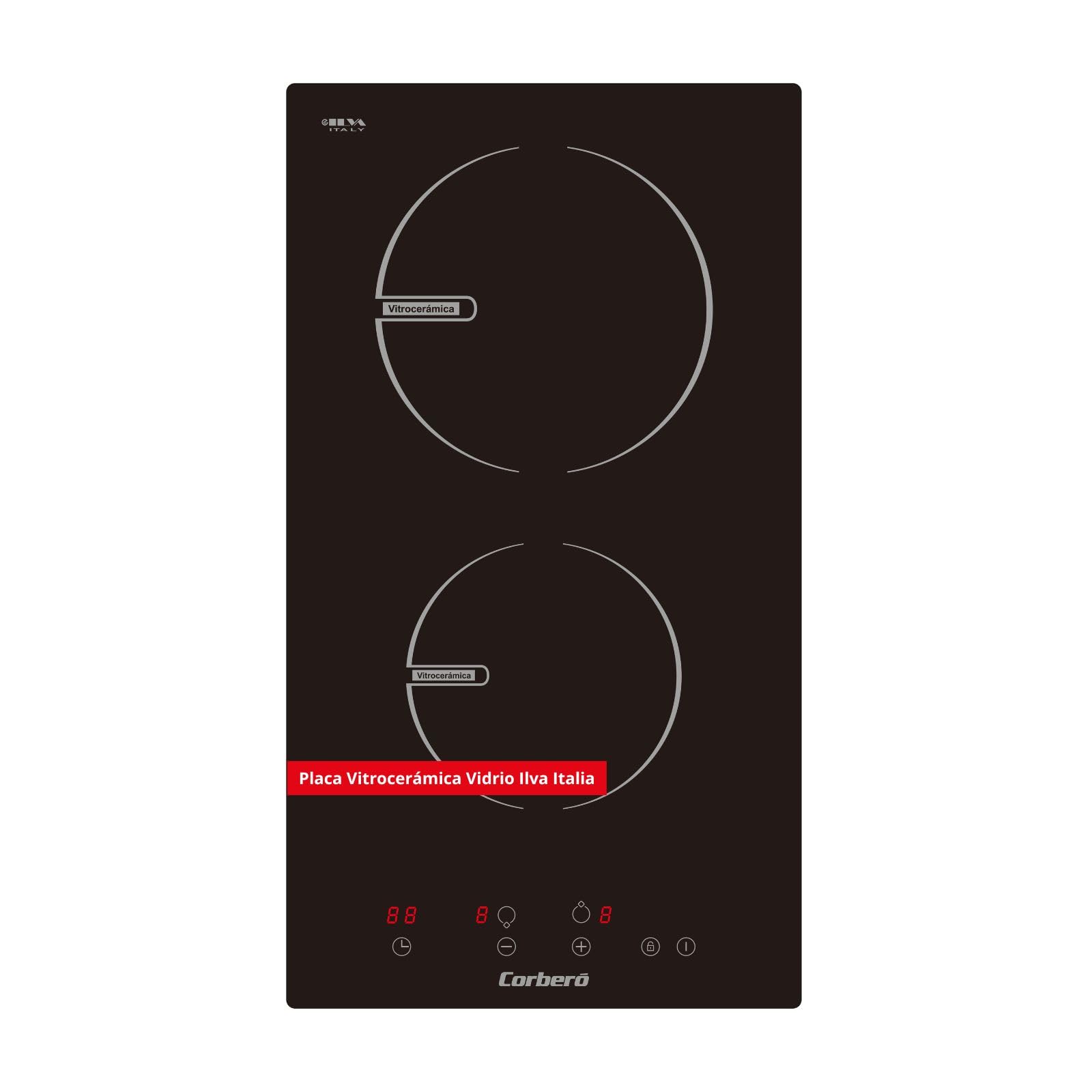 Corberó - Placas Domino Vitrocerámica 2 Fuegos | CCVG2902D | 2900W | Control Touch | Temporizador 99 Minutos | 9 Niveles Potencia | Desconexión Automática de Seguridad | 29x52x5 cm