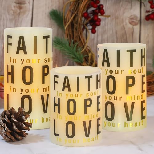Image of Christmas Decor Flameless Candles with Remote Control - Real Wax Flickering LED Candles - Home Room Holiday Xmas Decorations, 3 Pieces, Faith, Hope, Love