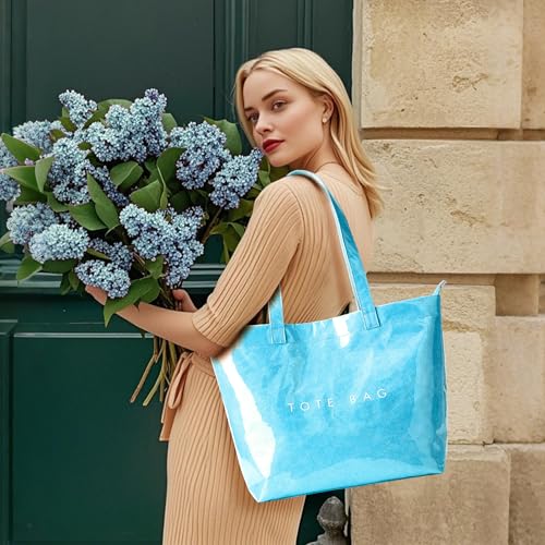 Image of KALIDI PVC Zipper Tote Bag, Jelly Kraft Paper Beach Bag Large Hobo Carry All Travel Shopping Handbag Plastic Shoulder Bag