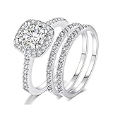 18k White Gold Plated Wedding Rings for Women Engagement Bands Bridal Set Halo Round 2.0Ct Cz Size 8