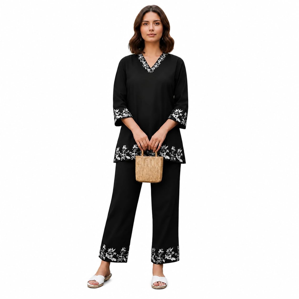 yash gallery Women’s Embroidered Top with 3/4 Sleeves, Straight-Fit Pants & Elegant Floral Detailing |Ethnic Co-Ord Set for Office, Festive Gatherings, Travel, Casual Outings & Comfort Fashion-picture-12