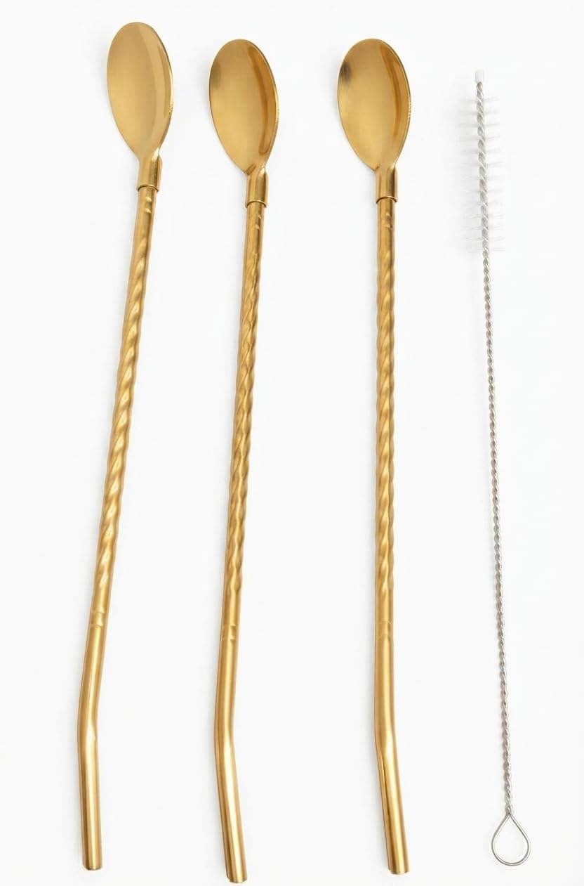 Reusable Gold Steel Spoon Straws Set with Cleaning Brush | Twisted Handle Design, 8.75 Inches Long, Stainless Steel, Includes Brush, Stylish Sipping-image-33